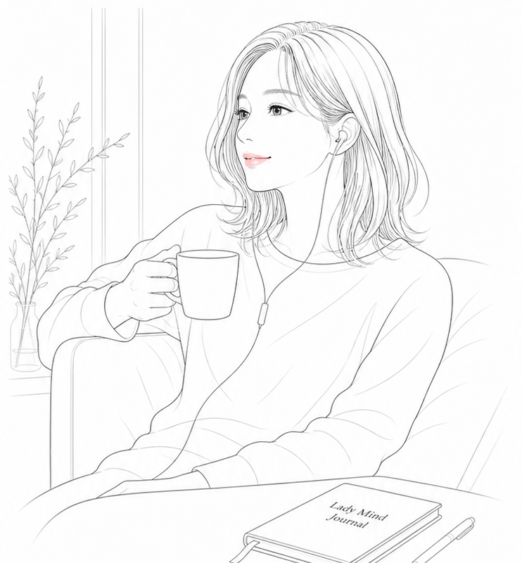 くつろぎながら音声を聴く女性の線画イラスト。机の上のノートにLady Mind Journalと書かれている。