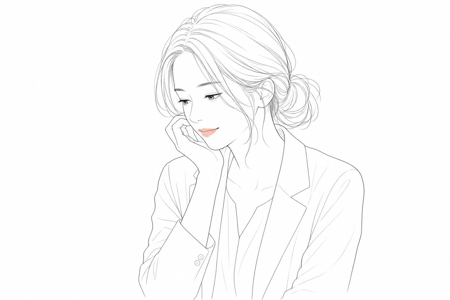やわらかい表情でうつむく女性のLady Mind Journal風線画
