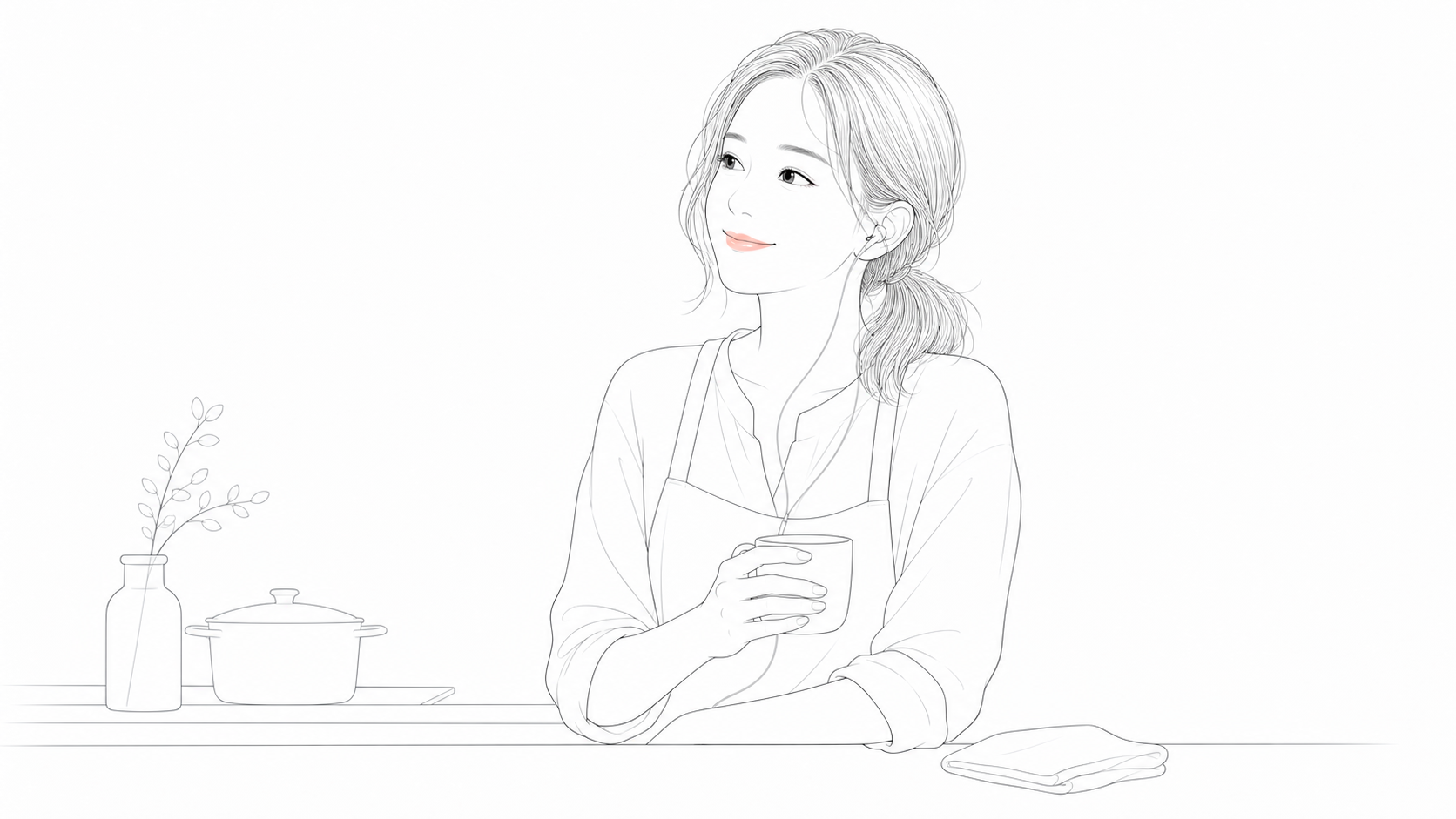 家事の合間に考える女性の線画