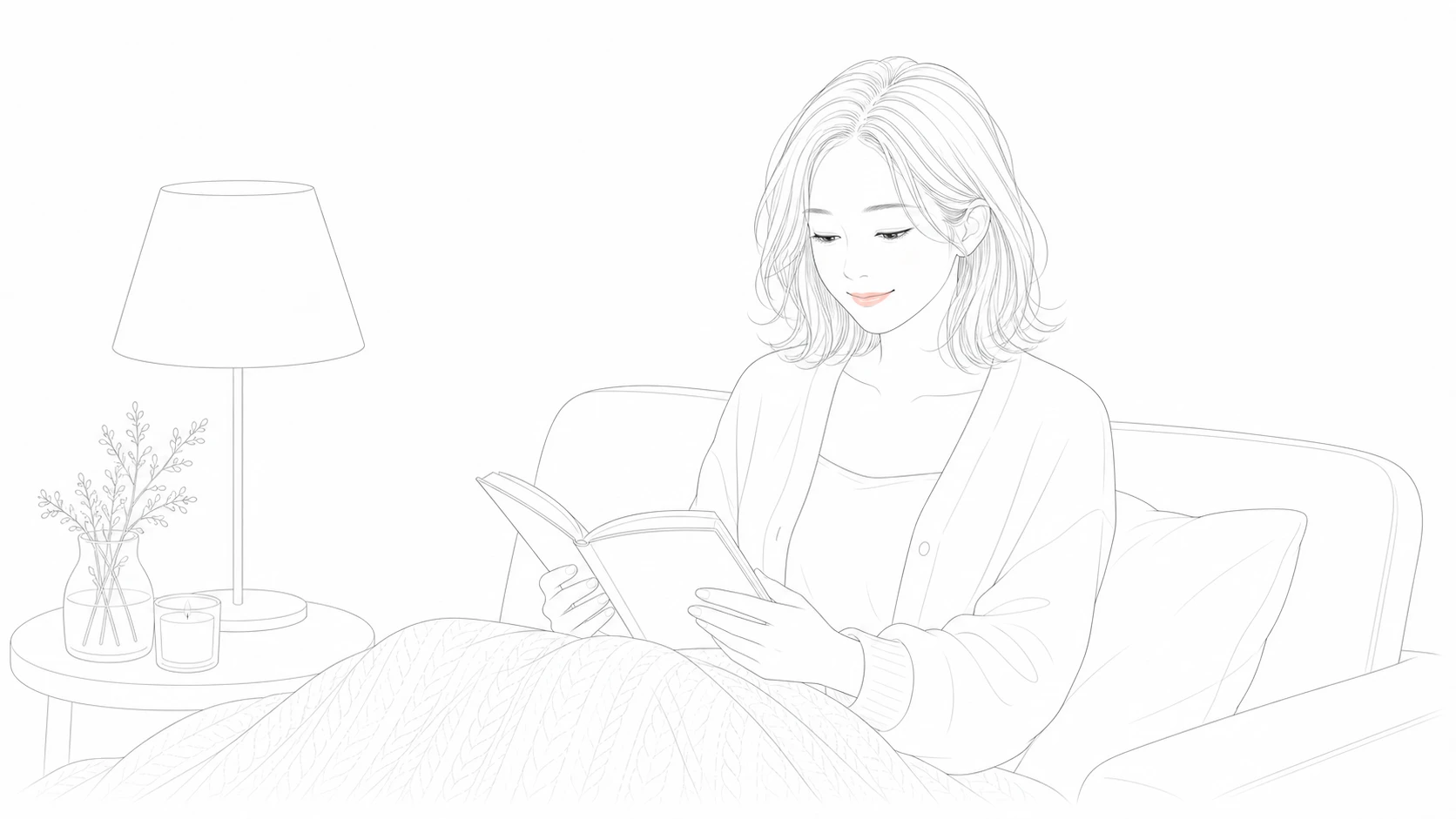 夜にノートを開く女性の線画