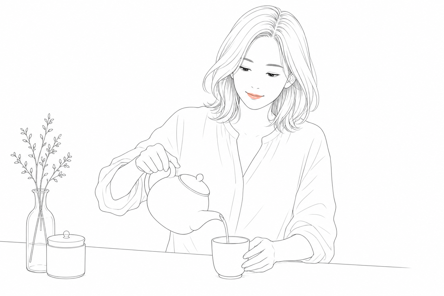 夜のキッチンで自分のためにお茶をいれる女性のLady Mind Journal風線画