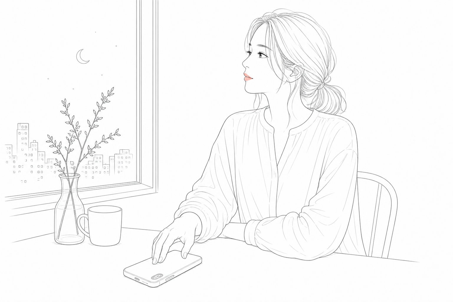 夜にスマホを置いて窓の外を見る女性のLady Mind Journal風線画